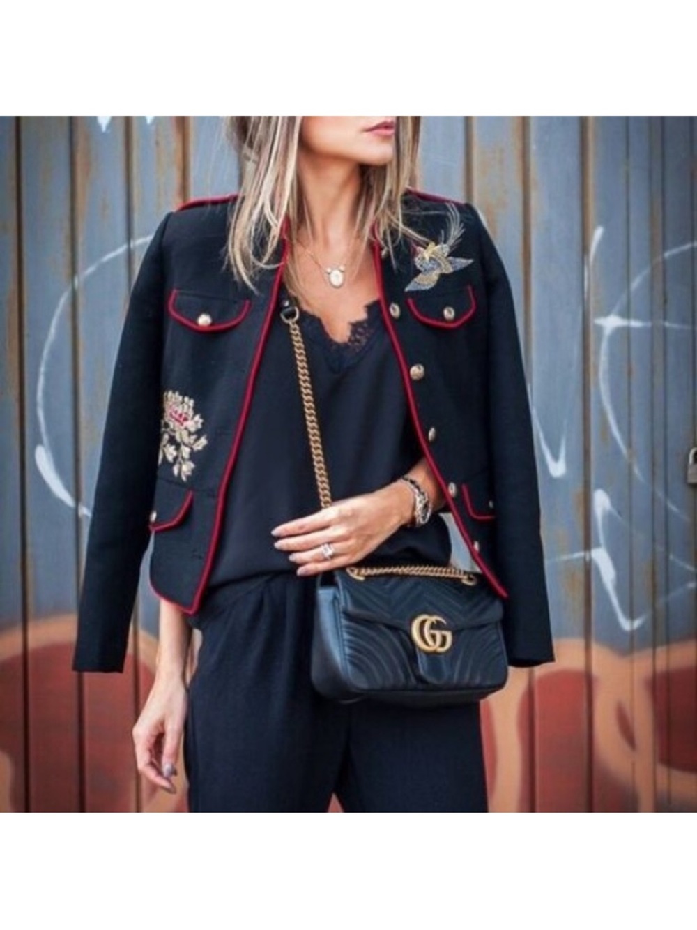 Black Embroidered Military-Style Jacket with Red Trim